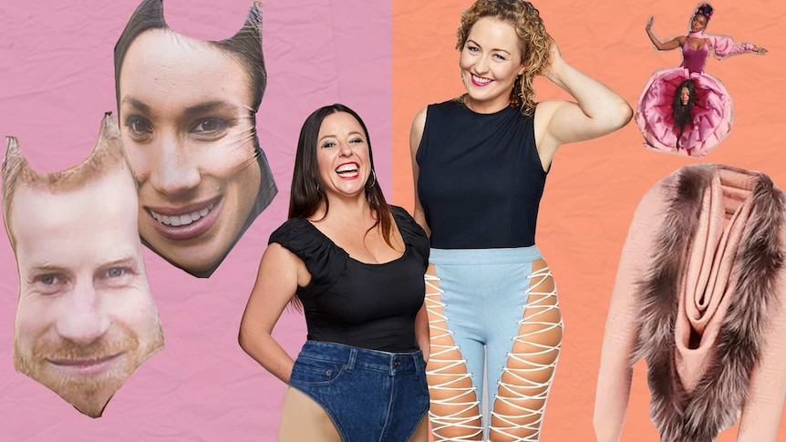 Doctored image of Zan Rowe and Myf Warhurst wearing lace up jeans and denim underwear