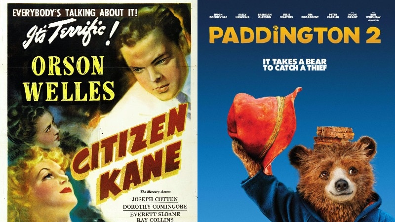 A composite image of the posters for Citizen Kane and Paddington 2.