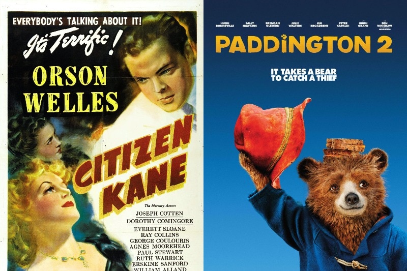 A composite image of the posters for Citizen Kane and Paddington 2.
