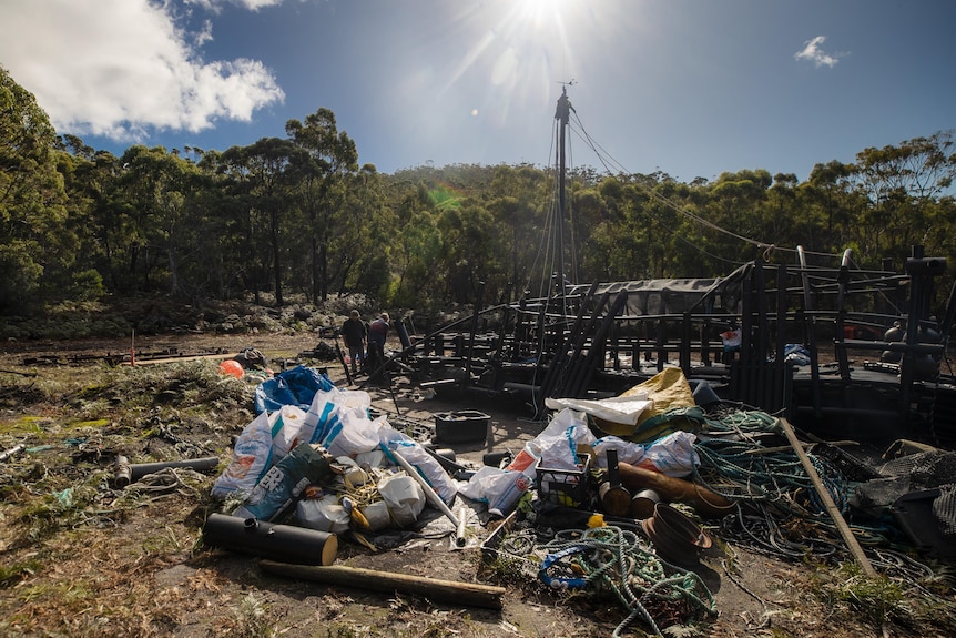 A raft being built in southern Tasmania out of marine debris, May 2023.