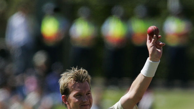 Brett Lee celebrates taking five wickets