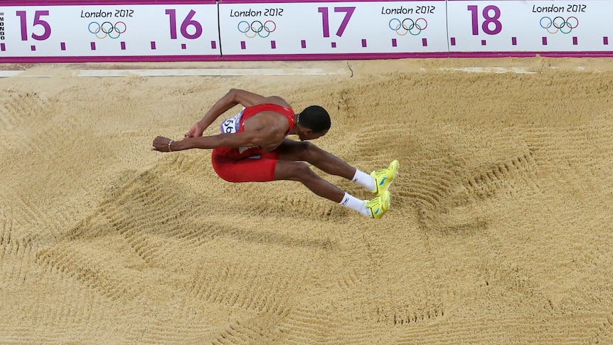 Christian Taylor of the US competes in the men's triple jump final during the London 2012 Olympic Games.