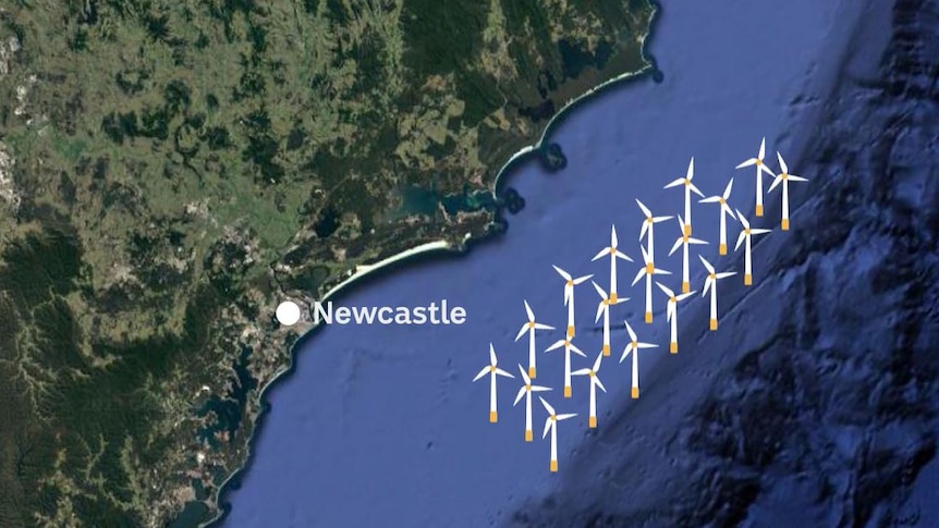 A map shows Newcastle on the Australian coast, with wind turbines in the sea