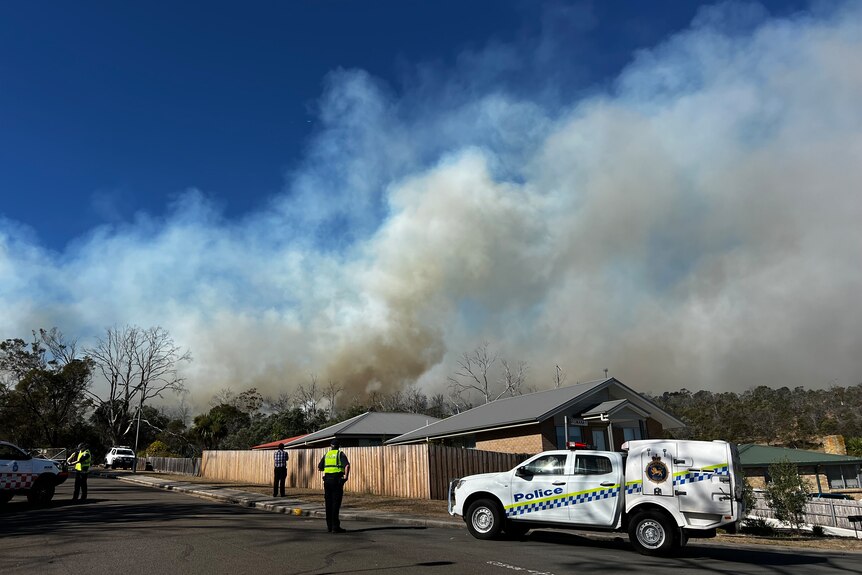 Bushfire smoke billows across a blue sky, a police car and officer can be seen on the roadside.
