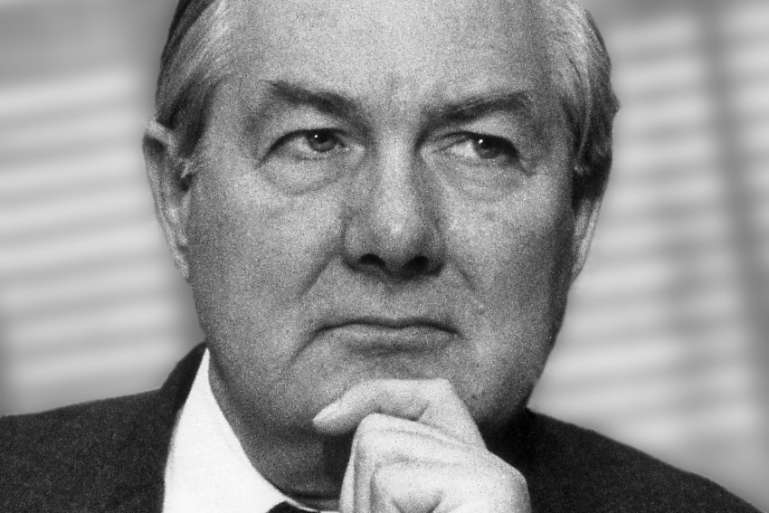 James Callaghan holds his hand to his chin in this black and white image.