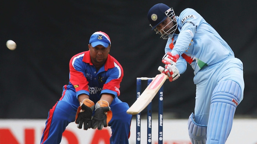 Sehwag smashes a six against Bermuda