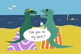 An illustration of two dinosaurs on beach towels applying sunscreen at the beach.