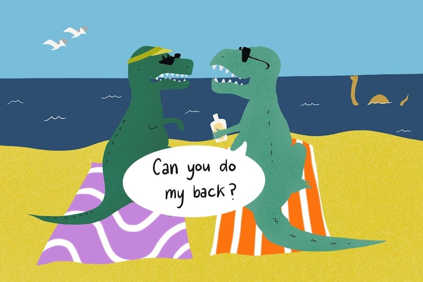 An illustration of two dinosaurs on beach towels applying sunscreen at the beach.