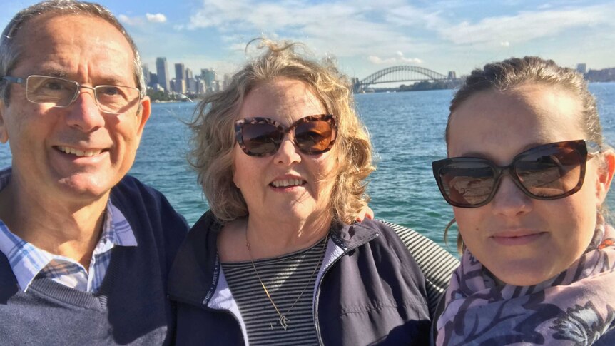 Rachel Pupazzoni and her parents on Sydney harbour