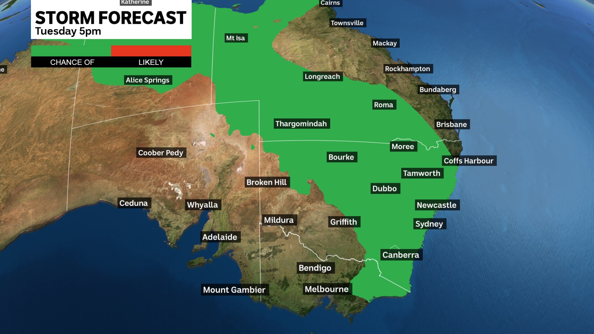 a graph map of asutralia showing where thunderstorms are going to take place on tuesday