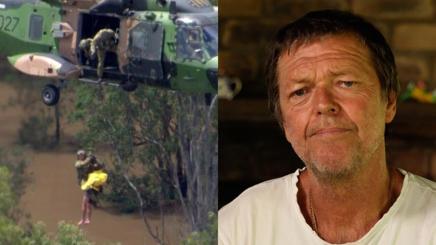 A split image with a helicopter winch rescue on the left and a man's face on the right