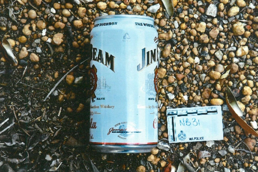 Photograph of a Jim Beam can found near the scene of the murder of Stacey Thorne.