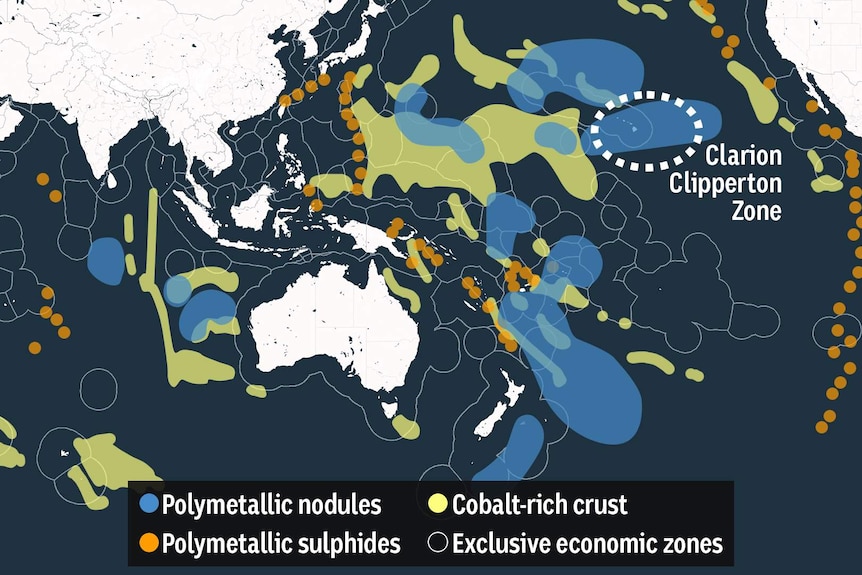 A map of the Asia Pacific showing locations where minerals are deposited on the sea floor.