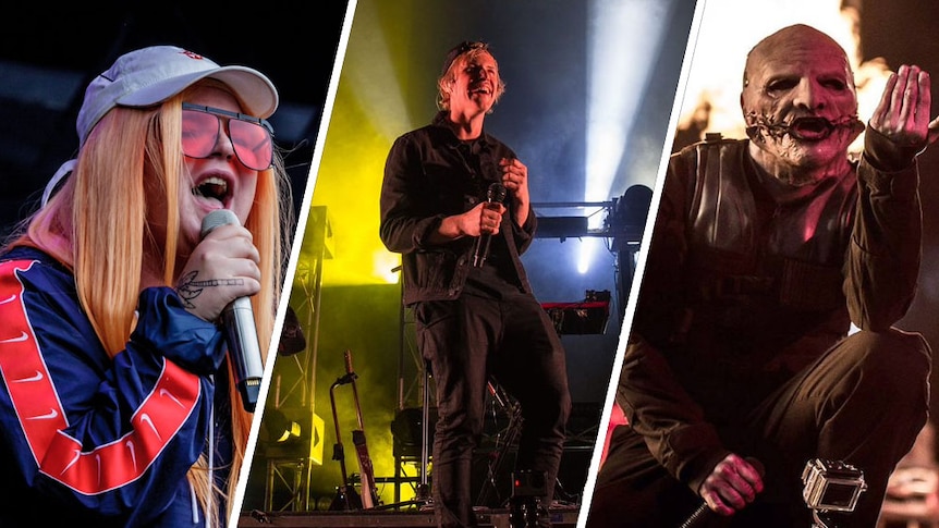 A collage of live music shots of Tones And I, RÜFÜS DU SOL, and Slipknot for PlayOn Fest