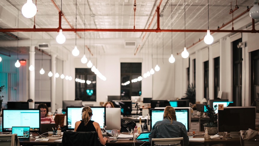 People work at desks in an airy room, sitting in front of computers.