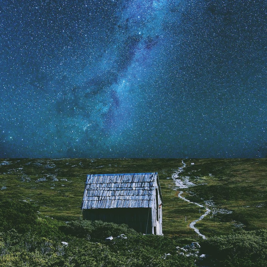 A hut at night in Cradle Mountain National Park in Tasmania.