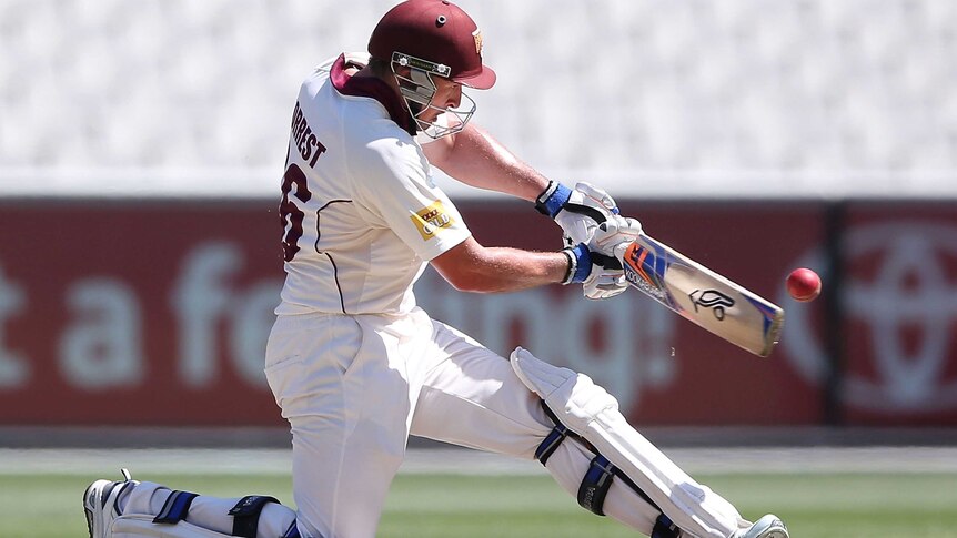 Queensland's Peter Forrest plays a shot against Victoria on day one of the Shield match at the MCG.