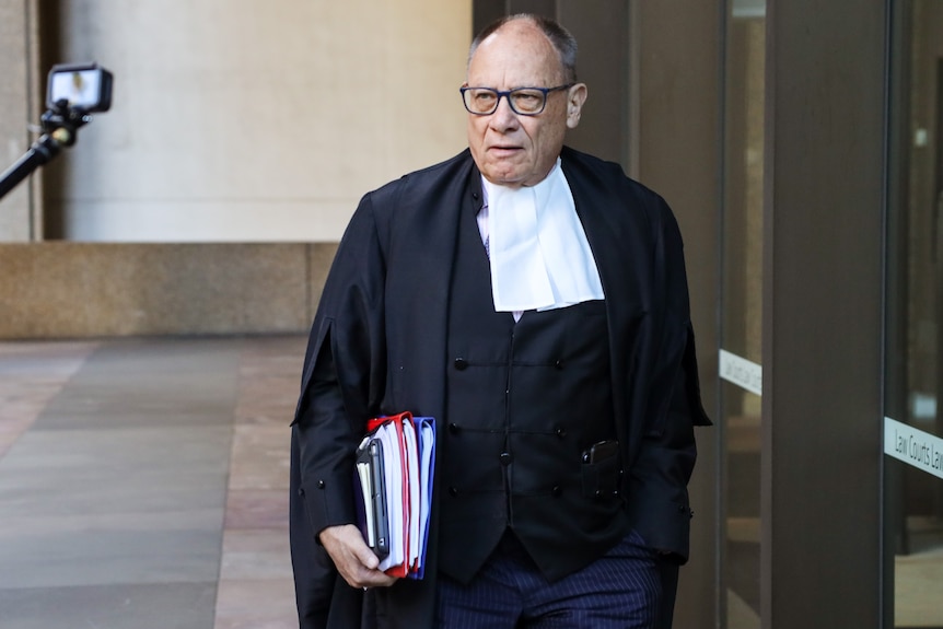 Bruce McClintock dressed in barrister robes and carrying files
