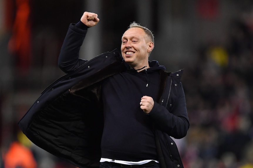 Nottingham Forest head coach Steve Cooper sends a punch to the crowd after a win