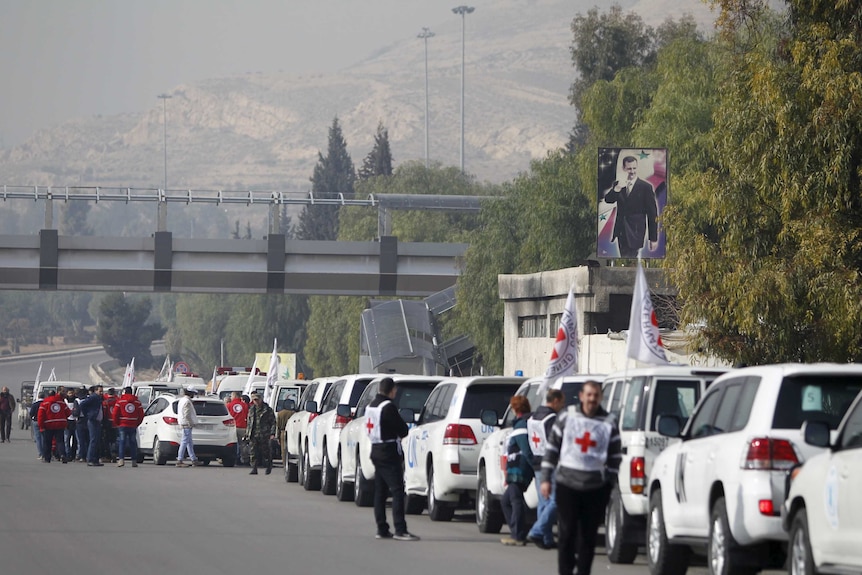 A range of convoy trucks lined up on the side of the road