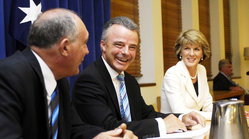 Warren Truss, Brendan Nelson and Julie Bishop gather for the party room meeting.