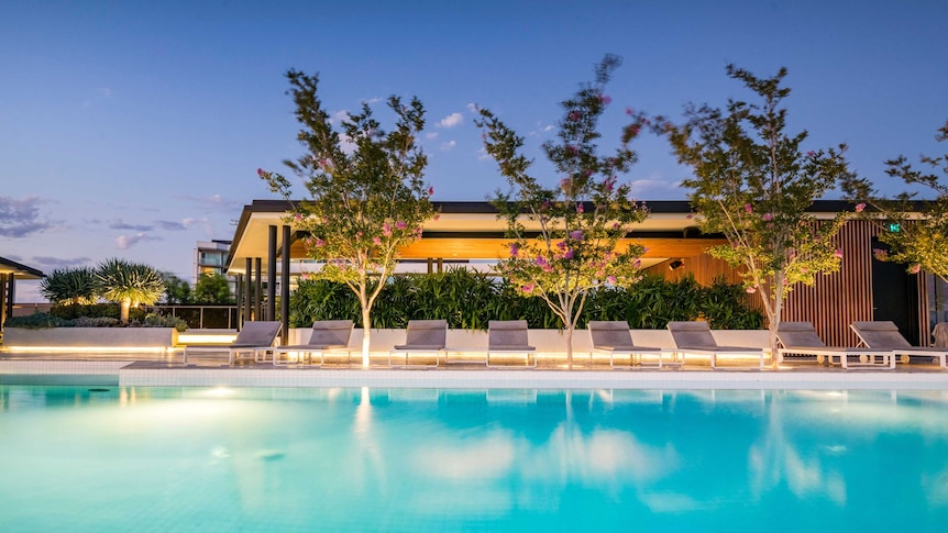 The rooftop pool and gardens at the Lucent development at Newstead in Brisbane.