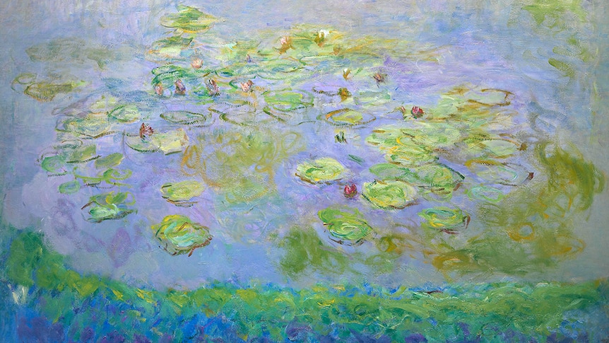 One of Claude Monet's iconic Waterlilies paintings in tones of blue and purple.