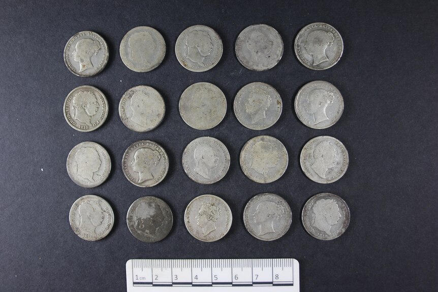 The coins found at a dig at Port Arthur Historic Site