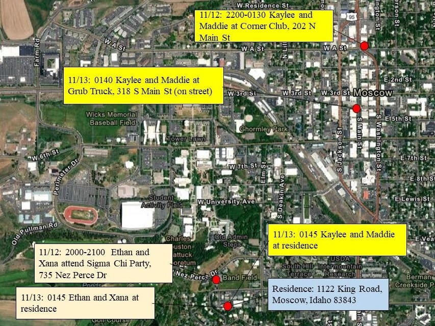 A map of Moscow, Idaho, tagging the locations of the university massacre