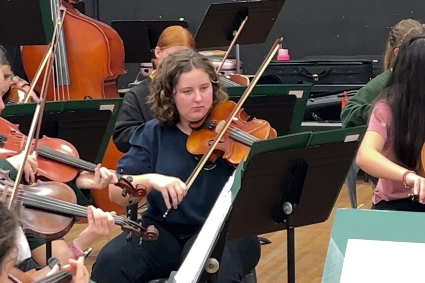 A young woman sitting behind a music stand plays a viola in a school hall.