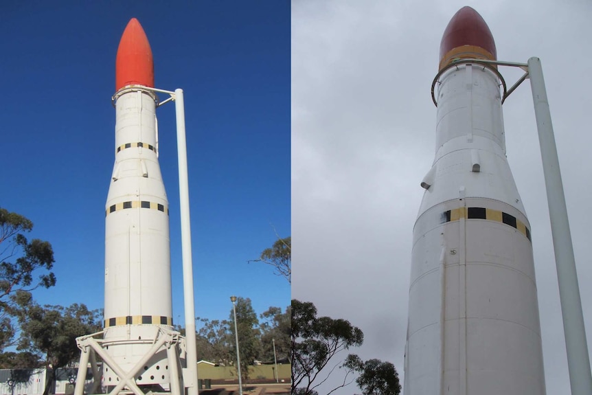 A large white missile with a red nose points to the sky in both photos which compares before and after the paint job.