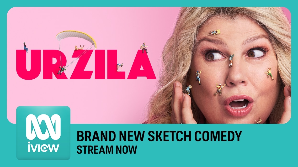 Comedian Urzila Carlson looks surprised as tiny people climb her face. ABC iview Brand New Sketch Comedy banner.