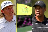A composite image of Cameron Smith, a Masters flag and Tiger Woods.