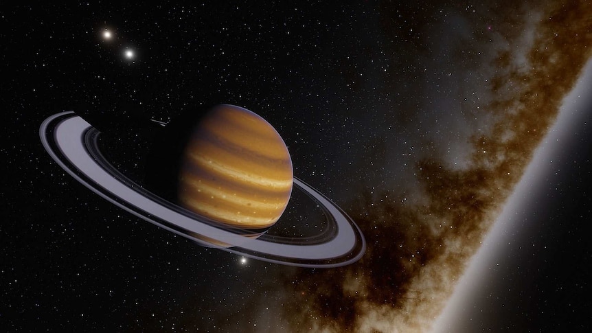 An illustration of a planet encircled by a several rings. There are three bright lights around it.