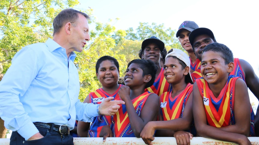 Tony Abbott with Clontarf foundation players in Kununurra