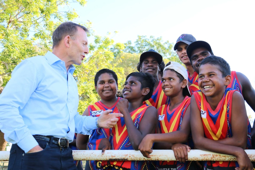 Tony Abbott with Clontarf foundation players in Kununurra.
