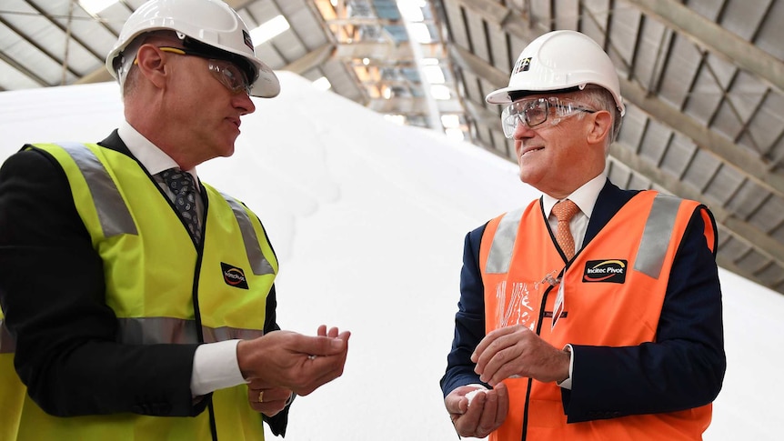 James Fazzino shows Prime Minister Malcolm Turnbull a mount of urea inside the Brisbane plant.