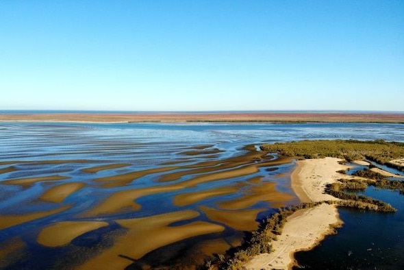 An aerial view of the Exmouth Gulf showing mangroves, sand bars, a beach and a distant shore.