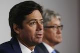 AFL Commission Chairman Mike Fitzpatrick and AFL chief Gillon McLachlan (L) speak to the media.