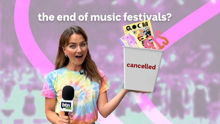 A shocked Ella holds a bin labelled 'cancelled' which contains posters of various music festivals.