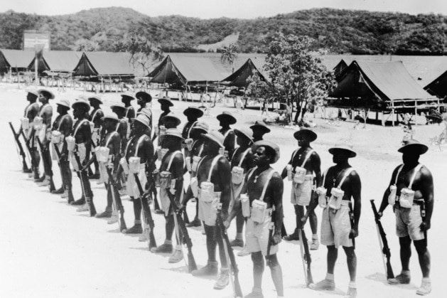 Members of the Torres Strait Light Infantry Battalion on parade during World War II.