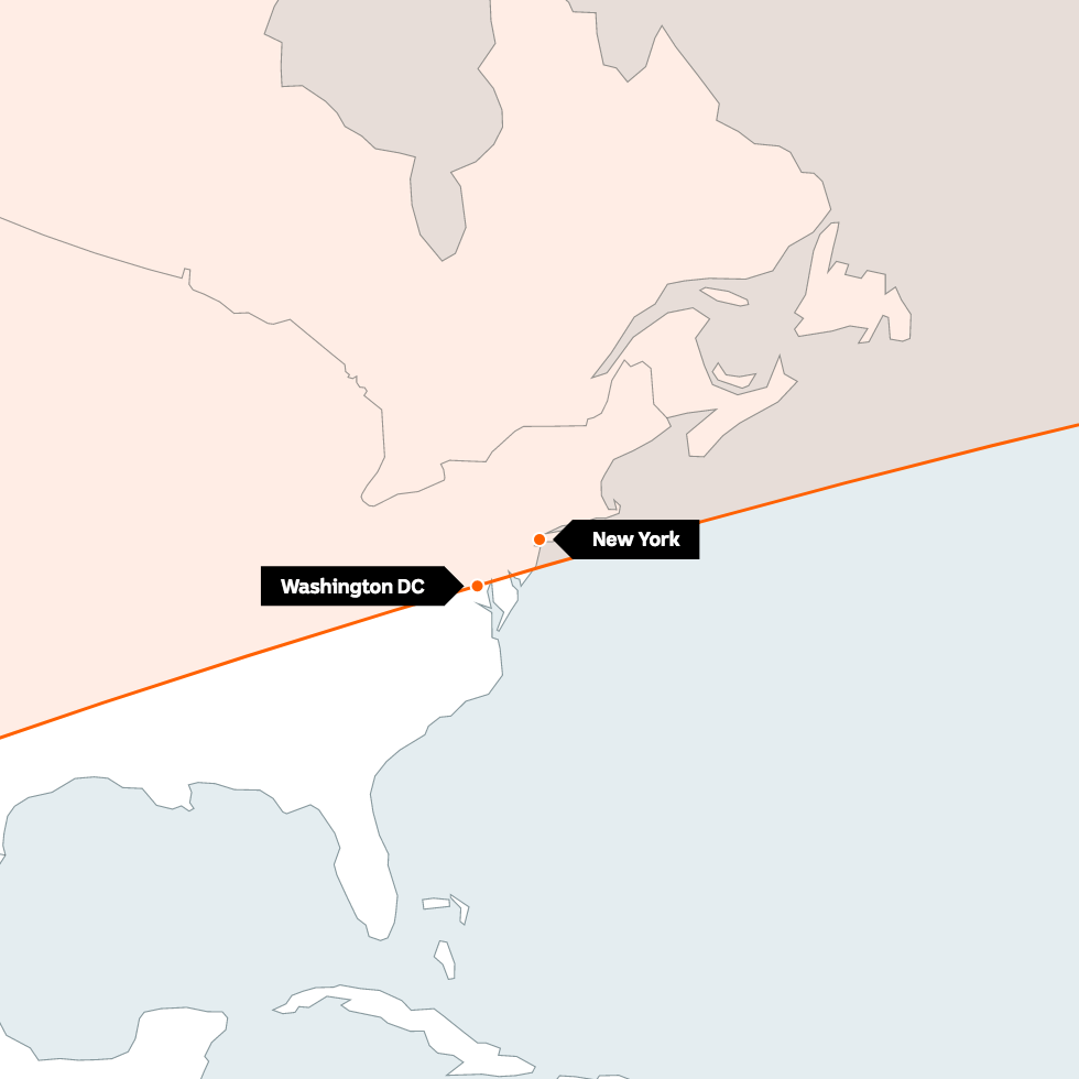 Red shaded area shows range of North Korea's ICBMs. Washington and New York are labelled inside