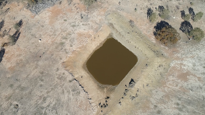 An aerial photo of a dam on Matt Bartlett's property in Southern Queensland in June 2019.