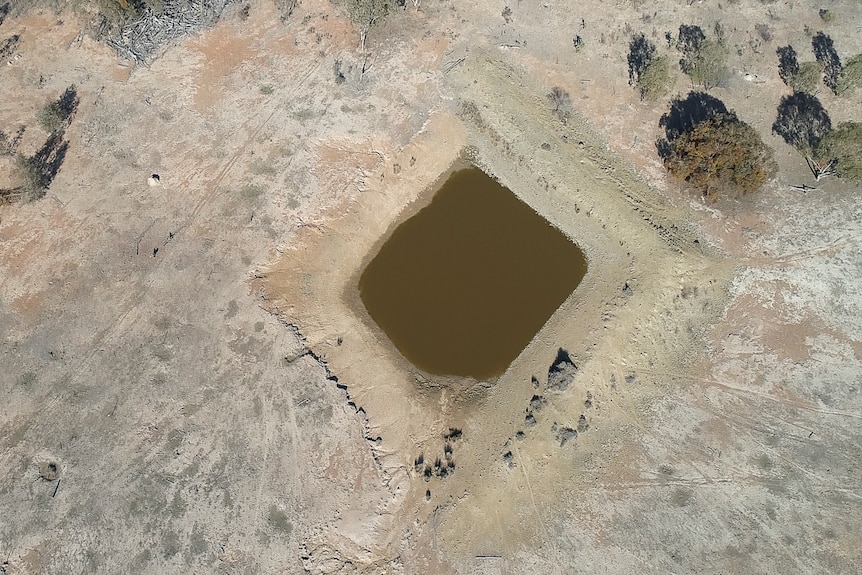 An aerial photo of a dam on Matt Bartlett's property in Southern Queensland in June 2019.
