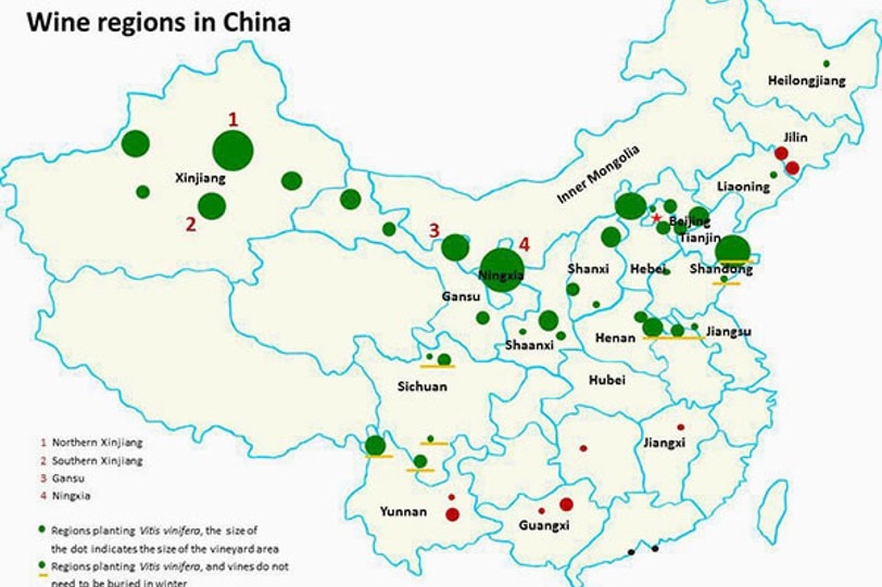 A map of China showing the location of major wine growing regions in China.