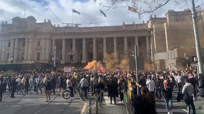 Thousands of protesters gathered in Melbourne’s CBD to protest the states fifth lockdown on Saturday July 24, 2021.