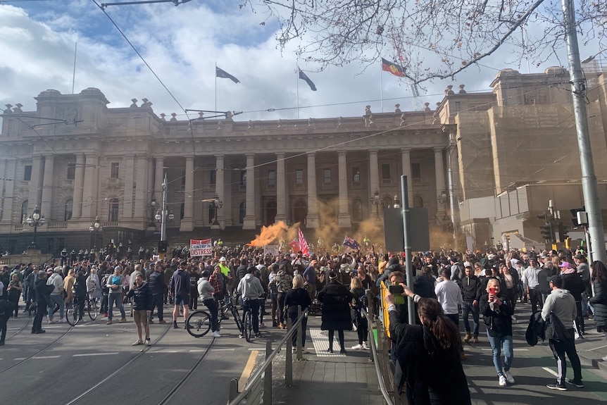 Thousands of protesters gathered in Melbourne’s CBD to protest the states fifth lockdown on Saturday July 24, 2021.