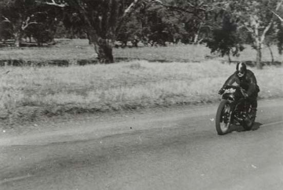 Motorcyclist Jack Ehret riding his land speed record-setting Vincent Black Lightning bike.