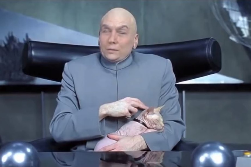 US President Donald Trump's face on Dr Evil from the Austin Powers film series.