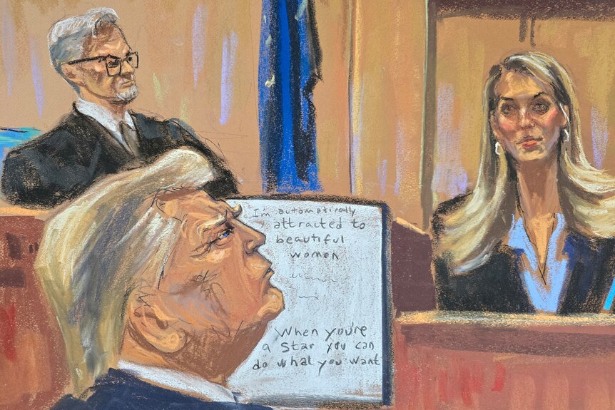A sketch of a woman and two men in a court room.